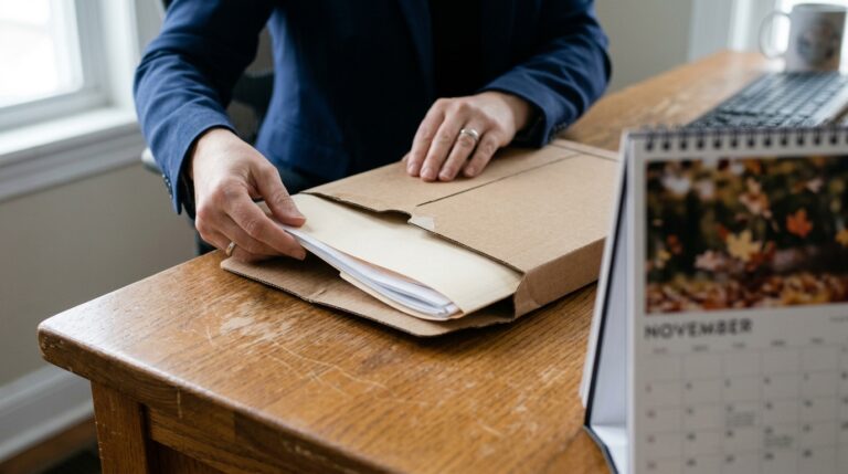 Abogado de Inmigración 46 Manos rotulando un paquete postal con la direccion de envio Formulario I-129 sobre un escritorio.