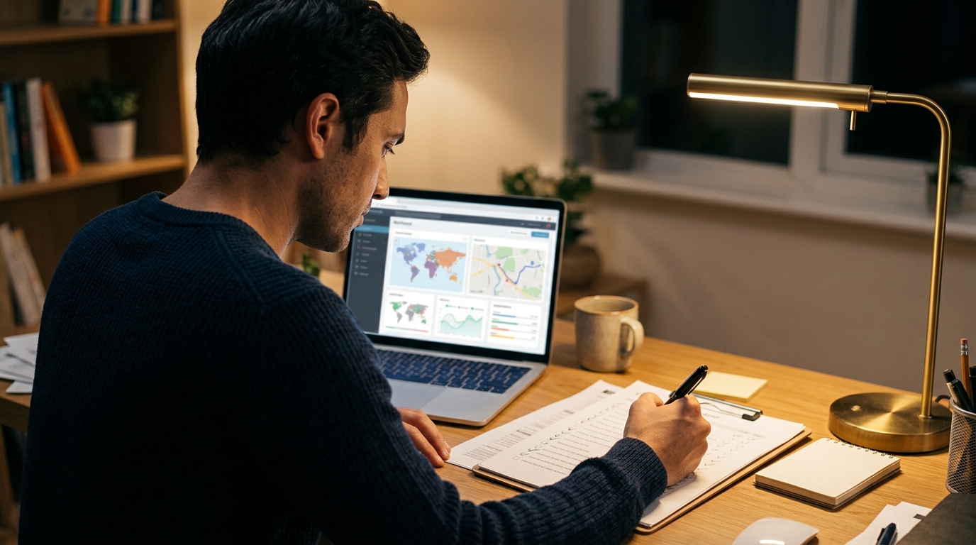 USCIS cambia direcciones de envío del Formulario I-129 4 Persona revisando una lista de verificacion y documentos junto a una computadora portatil.