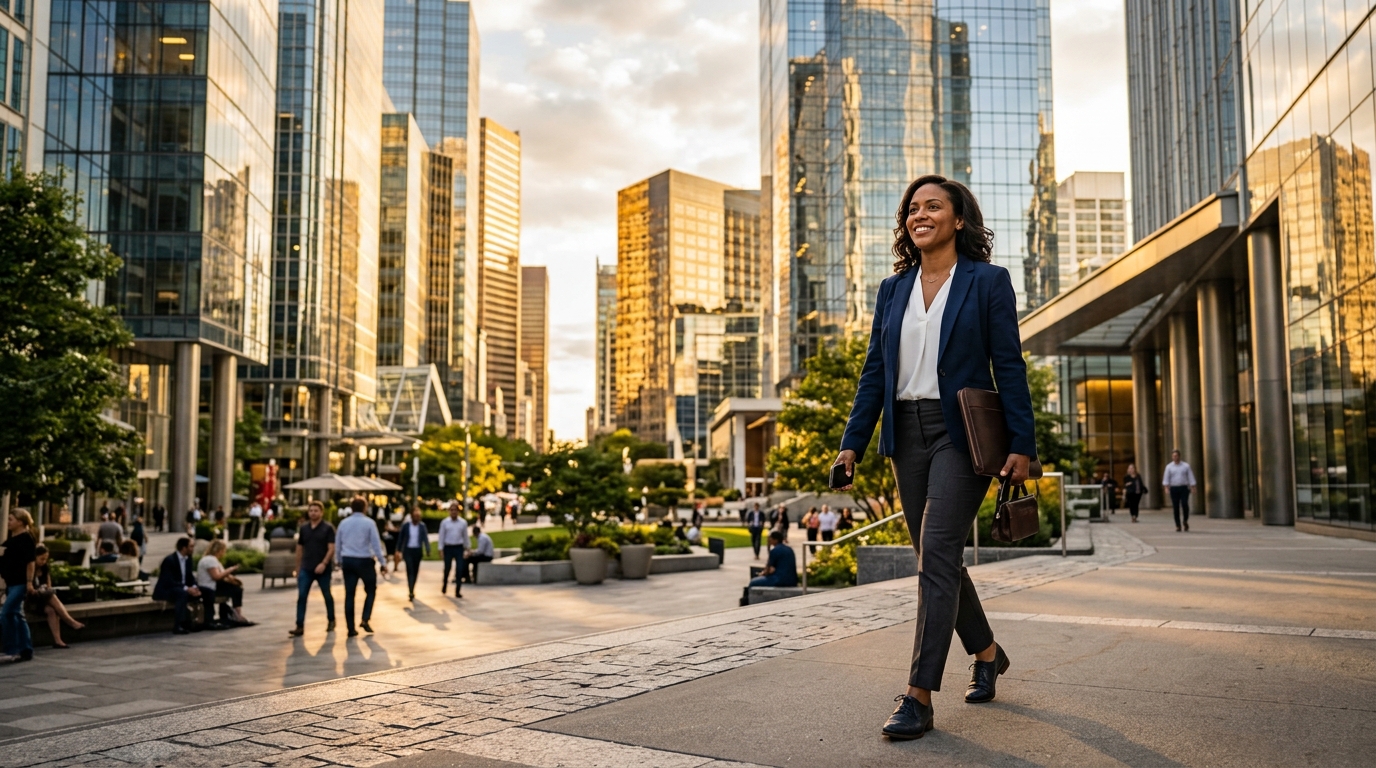 USCIS cambia direcciones de envío del Formulario I-129 5 Profesional caminando con un portafolio en una plaza de oficinas durante el atardecer.