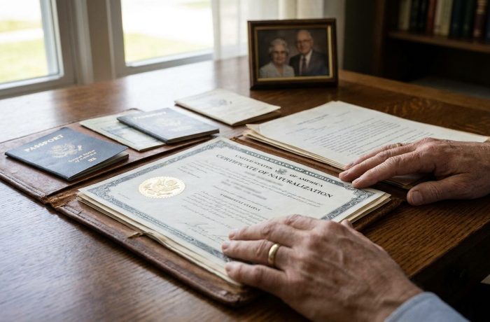 Acto de ceremonia de naturalizacion, con certificado y documentos oficiales en una mesa.