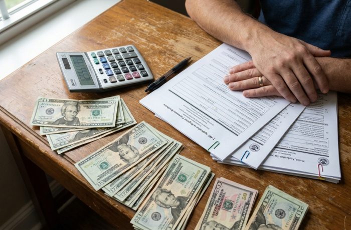Calculadora y documentos de inmigracion sobre mesa, simbolizando cuanto cuesta la residencia americana y la planificacion financiera requerida.
