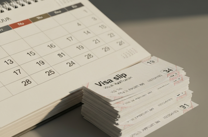 Calendario abierto y fichas de visa en mesa