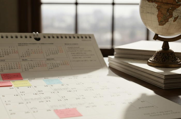 Calendario con fecha SR, sello y libro de oracion simbolizan plazo temporal