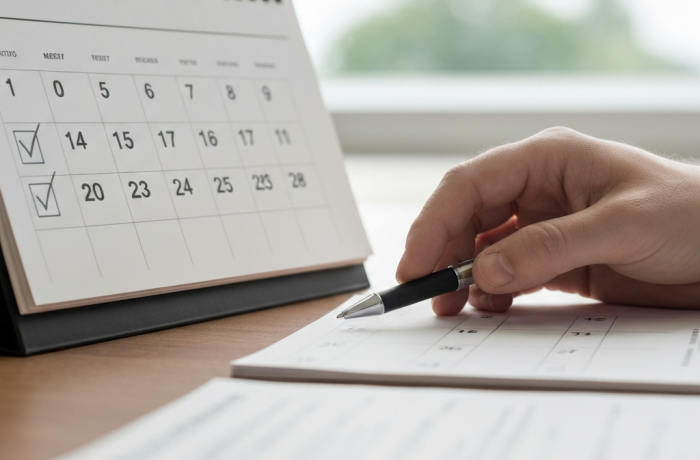 Calendario de escritorio y lista de tareas con luz natural.