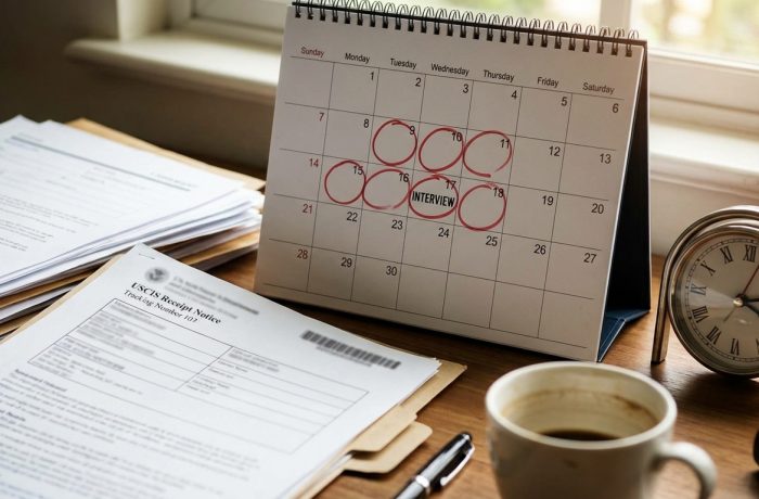 Calendario y notificacion de recibo USCIS en un escritorio, representando visa t cuanto tarda en llegar.