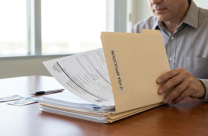 Carpeta abierta con documentos organizados para el proceso de la visa U mostrando el formulario I-918