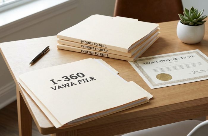 Carpeta I-360 VAWA y documentos traducidos.