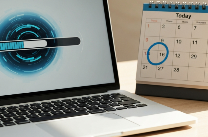 Computadora portatil con barra de progreso completa en escritorio con luz solar.