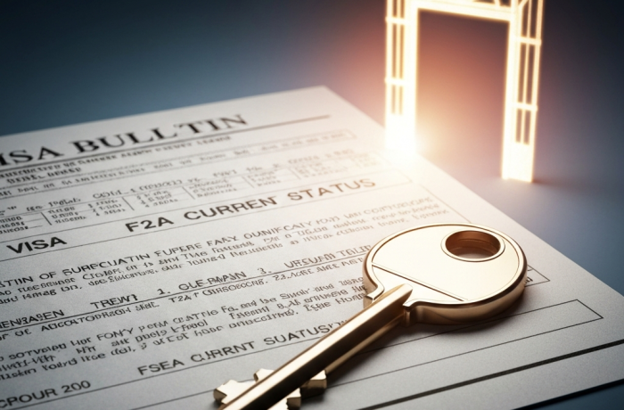 Conceptual: boletin de visa abierto, llave y puerta de luz.