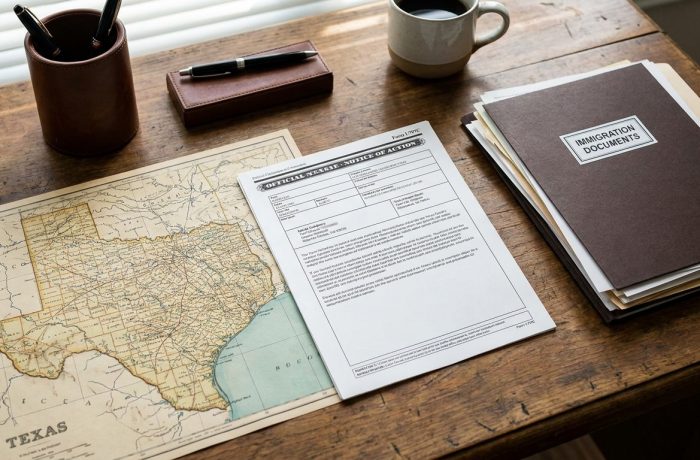 Documentacion legal y el Formulario I-797 sobre un mapa estatal representando la ley sb4 texas.