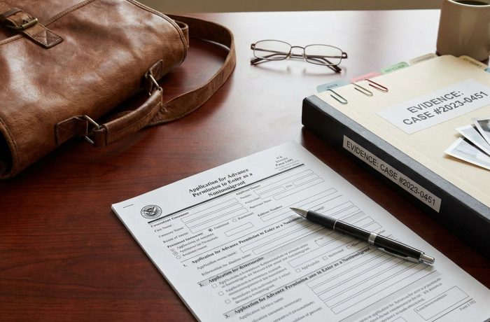 Documento oficial del perdon i-192 sobre un escritorio de madera con expedientes legales y pruebas de buena conducta.