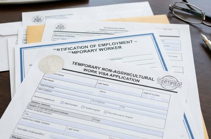Documentos apilados para una visa h2b de empleo temporal no agricola en Estados Unidos, sobre un escritorio.