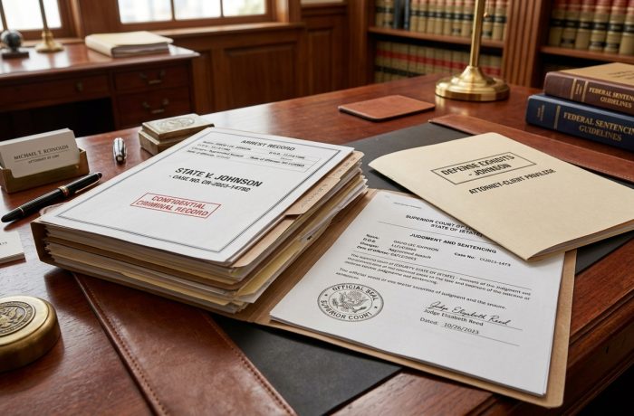Documentos de record criminal y carpetas legales sobre un escritorio mostrando que delitos no perdona inmigracion de forma definitiva.