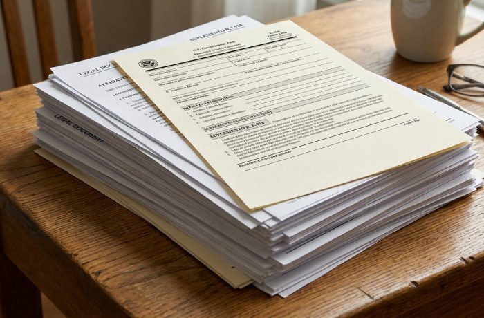 Documentos de solicitud para visa u requisitos, incluyendo formulario I-918, sobre un escritorio.