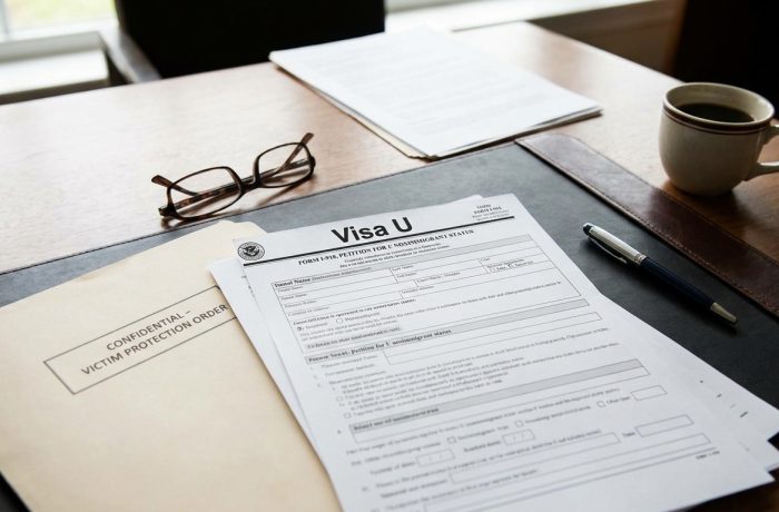 Documentos legales apilados, con un formulario de Visa U visible, ilustrando cuales son los delitos que califican para la visa u y el proceso de aplicacion para victimas.