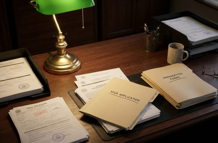 Documentos legales organizados y formularios de solicitud para el perdon i-601a sobre un escritorio de madera.