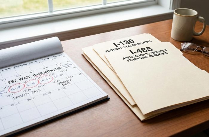 Documentos legales y formularios para el ajuste de estatus por matrimonio con residente permanente sobre escritorio ordenado