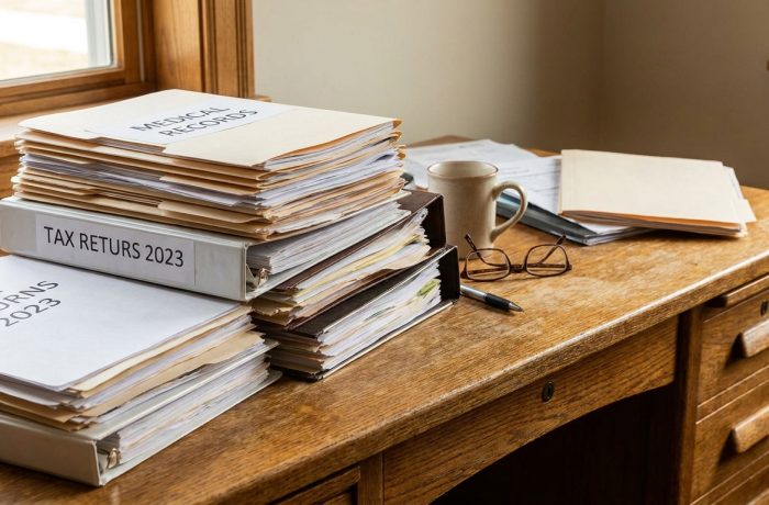 Documentos medicos y financieros organizados para una carta de sufrimiento extremo para inmigracion sobre un escritorio profesional