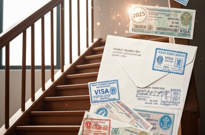 Envelopes y calendario simbolizan reunificacion familiar y oportunidades migratorias