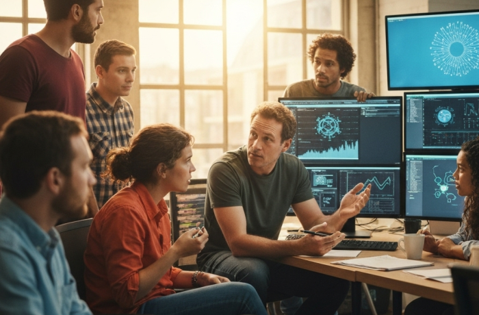 Equipo diverso de tecnologia discute contratacion en oficina luminosa, con formularios de visa visibles