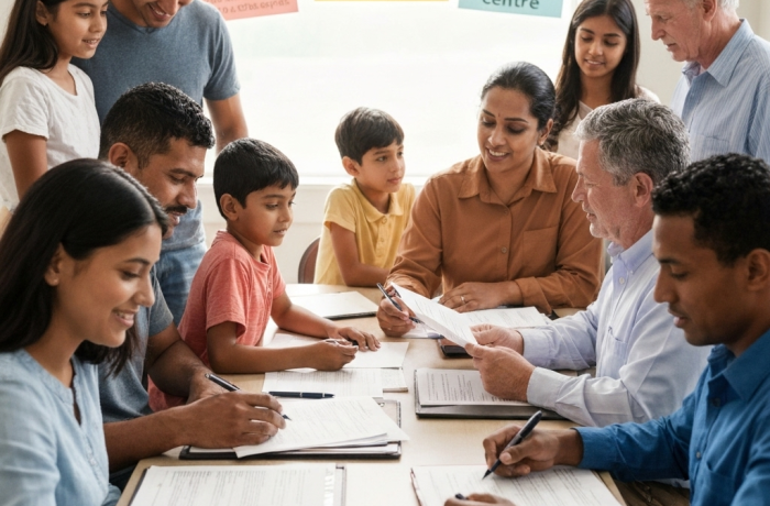 Escena fotorealista en un centro de ayuda legal comunitario, familias diversas recibiendo orientacion y expresiones esperanzadas