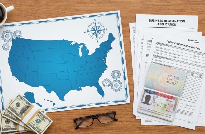 Escritorio con mapa de estados unidos, documentos de negocio y visa para entender como abrir un negocio en estados unidos siendo extranjero.