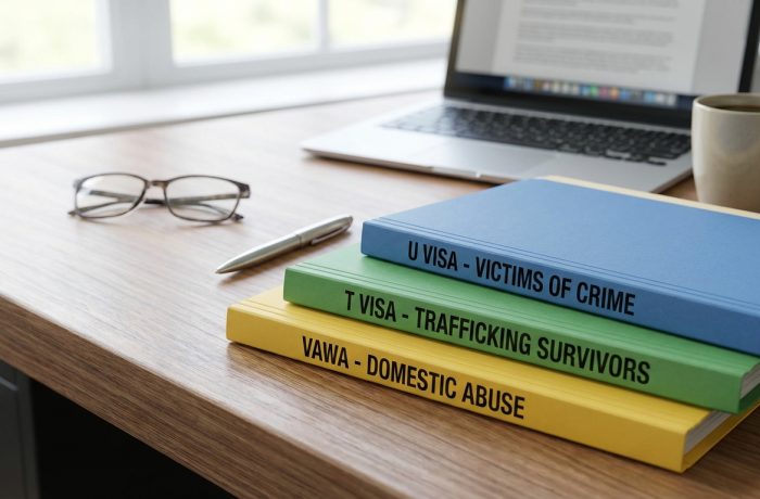Escritorio con tres carpetas simbolizando rutas de visa por violencia doméstica, sin mostrar rostros.