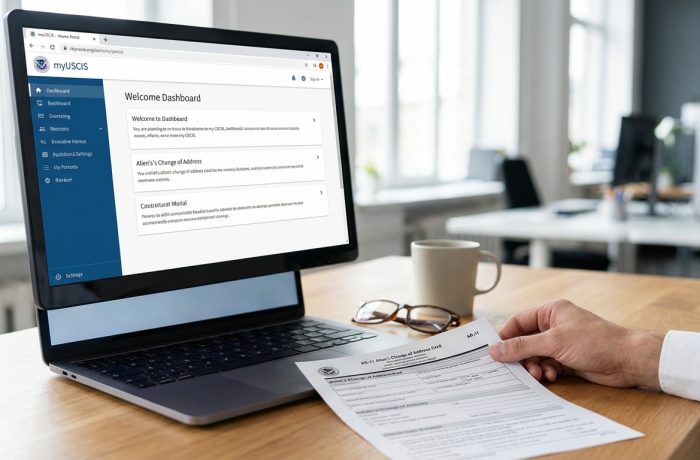 Escritorio con un formulario AR-11 y una pantalla mostrando la cuenta myUSCIS, explicando cómo cambiar mi direccion en USCIS.