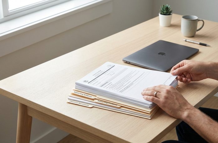 Escritorio minimalista con Formulario I-360 y evidencias para Ley VAWA por abuso psicologico
