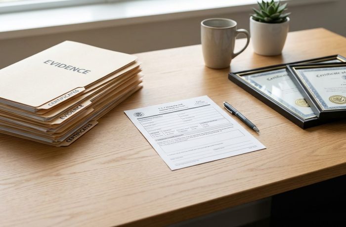 Escritorio minimalista con formularios I-918 y carpetas de evidencia; cuál es la Visa U