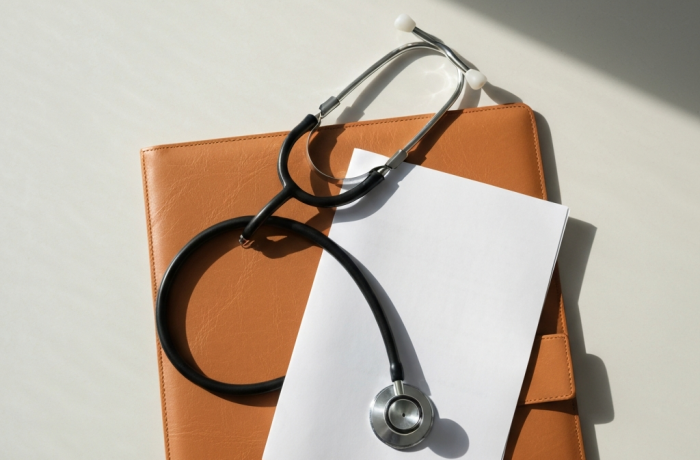 Estetoscopio y carpeta de salud sobre una mesa bajo luz natural matutina.