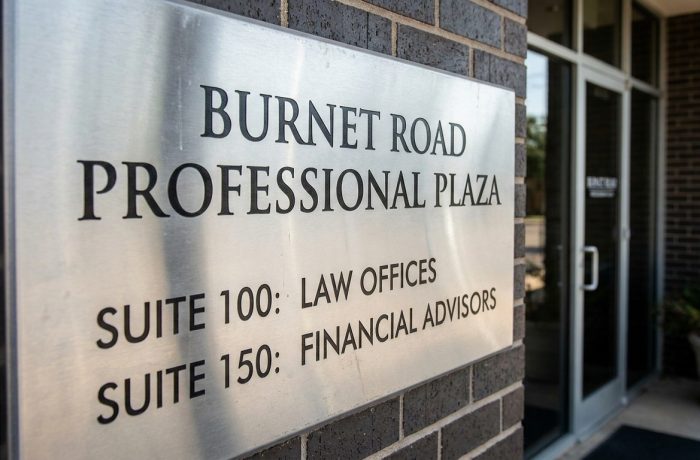 Fachada de edificio gubernamental en Burnet Road con senalizacion para tramites de uscis austin y suites de atencion.