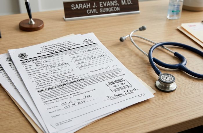 Formulario I-693 sobre un escritorio medico con estetoscopio para el examen medico de inmigracion residencia en un entorno clinico profesional.