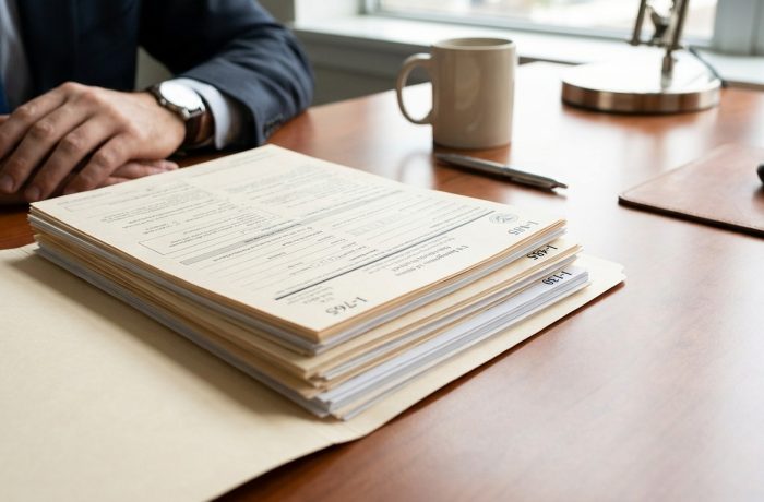 Formularios I-765, I-485 y I-130 en un escritorio, representando el proceso de permiso de trabajo por matrimonio en Estados Unidos.