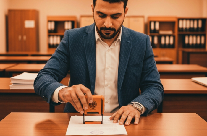Funcionario de oficina estampando un formulario de visa