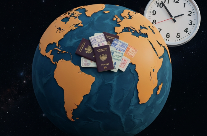 Globo con barrera roja entre continentes y sellos de pasaporte