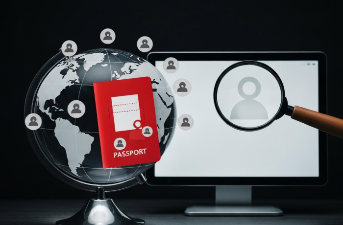 Globo de vidrio con iconos de redes y silueta de pasaporte