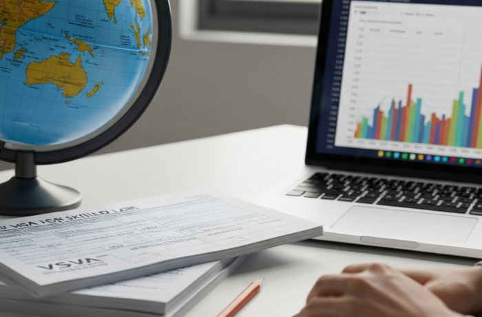 globo, documentos de visa y calculos en mesa minimalista