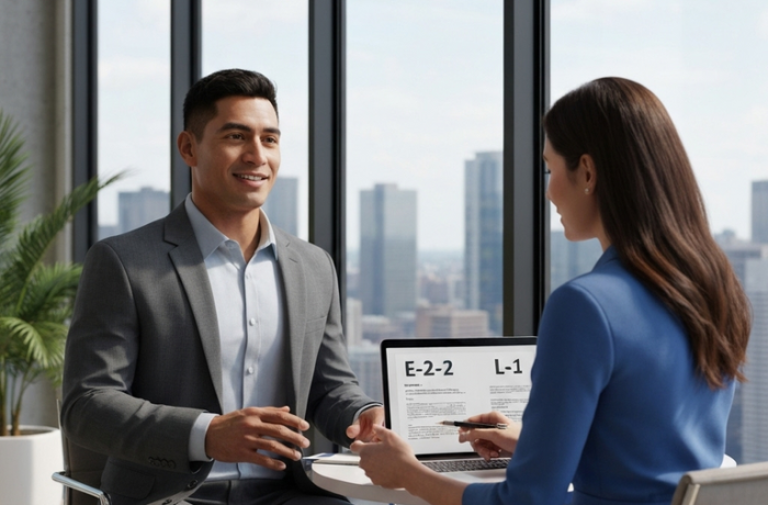 e2 vs l1 visa Empresario latino con abogado revisando opciones de visa