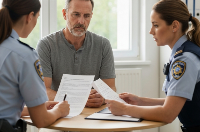 cómo puedo saber si califico para la visa u mujer victima consulta con un oficial de policia en oficina revisando informes medicos y documentos legales