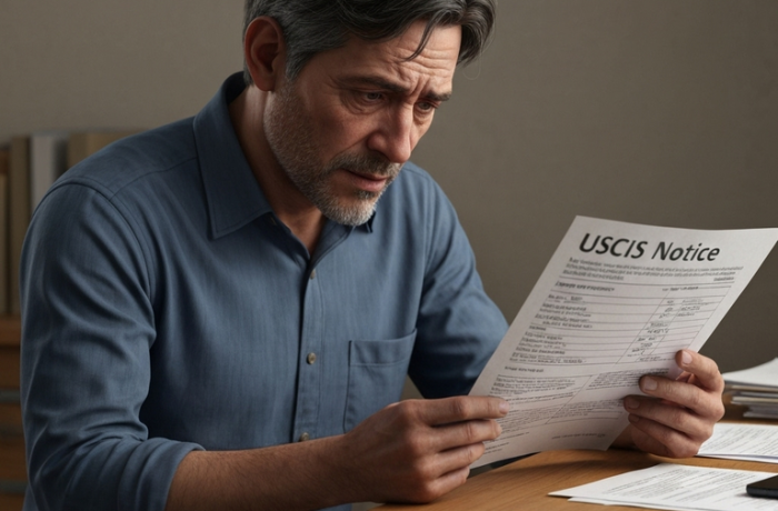 persona mirando una notificacion de USCIS en una mesa me negaron el ajuste de estatus