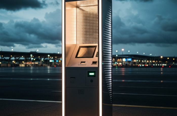 Kiosko iluminado simbolizando reapertura