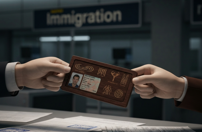 Manos intercambian tarjeta tribal en puesto de control