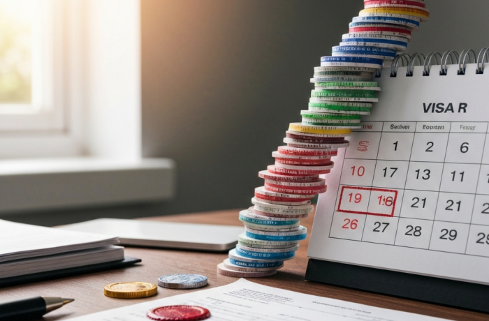 Mesa con calendario y sellos de visa