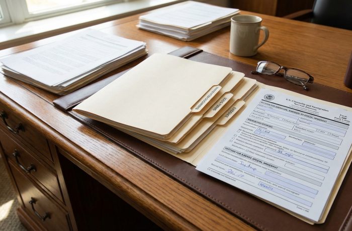 Mesa con documentos migratorios y el formulario I-360 sobre la mesa; i 360 cómo funciona.