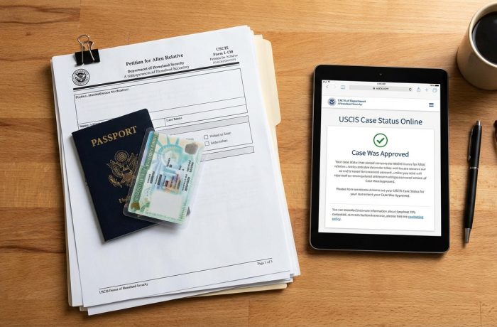 Mesa con documentos oficiales y una pantalla de estado del caso, sin mostrar caras; si tengo orden de deportacion me buscan