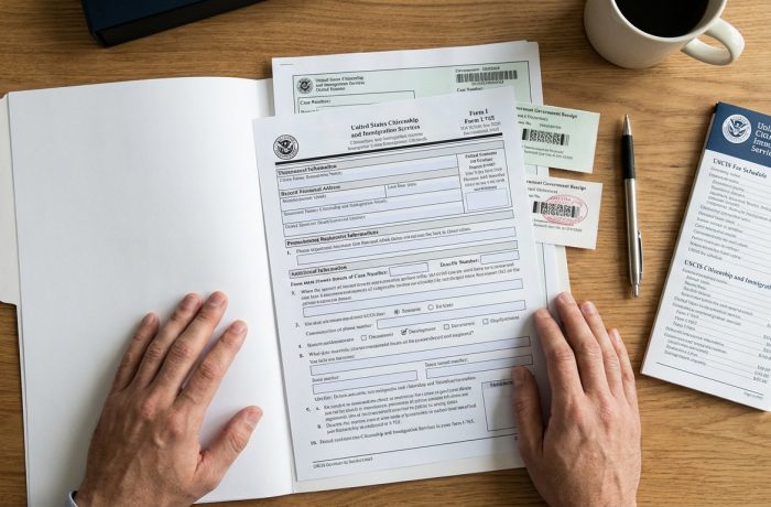 Mesa con I-765, recibos y tarifas de USCIS visibles; cuánto cuesta renovar el permiso de trabajo