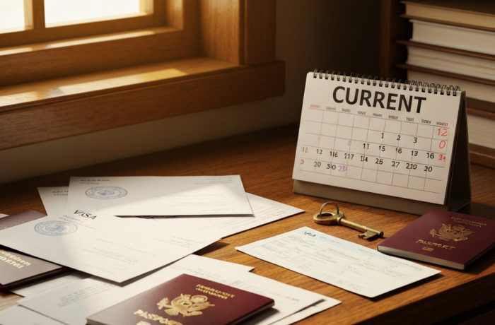 Mesa con papeles de visa, calendario y llave, simbolizando oportunidad.