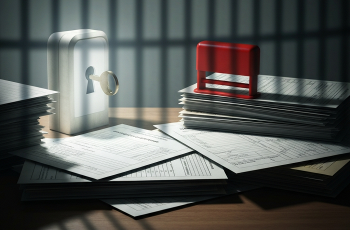 Mesa con papeles y sello rojo