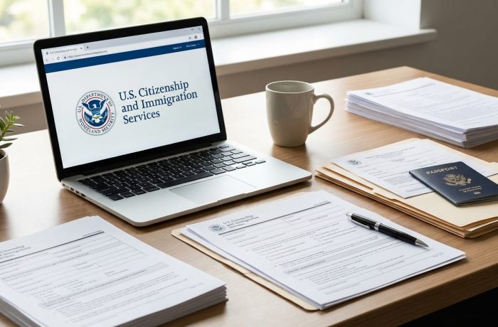 Mesa de oficina con formularios y documentos oficiales junto a una pantalla de sitio USCIS; USCIS permiso de trabajo tiempo de espera.